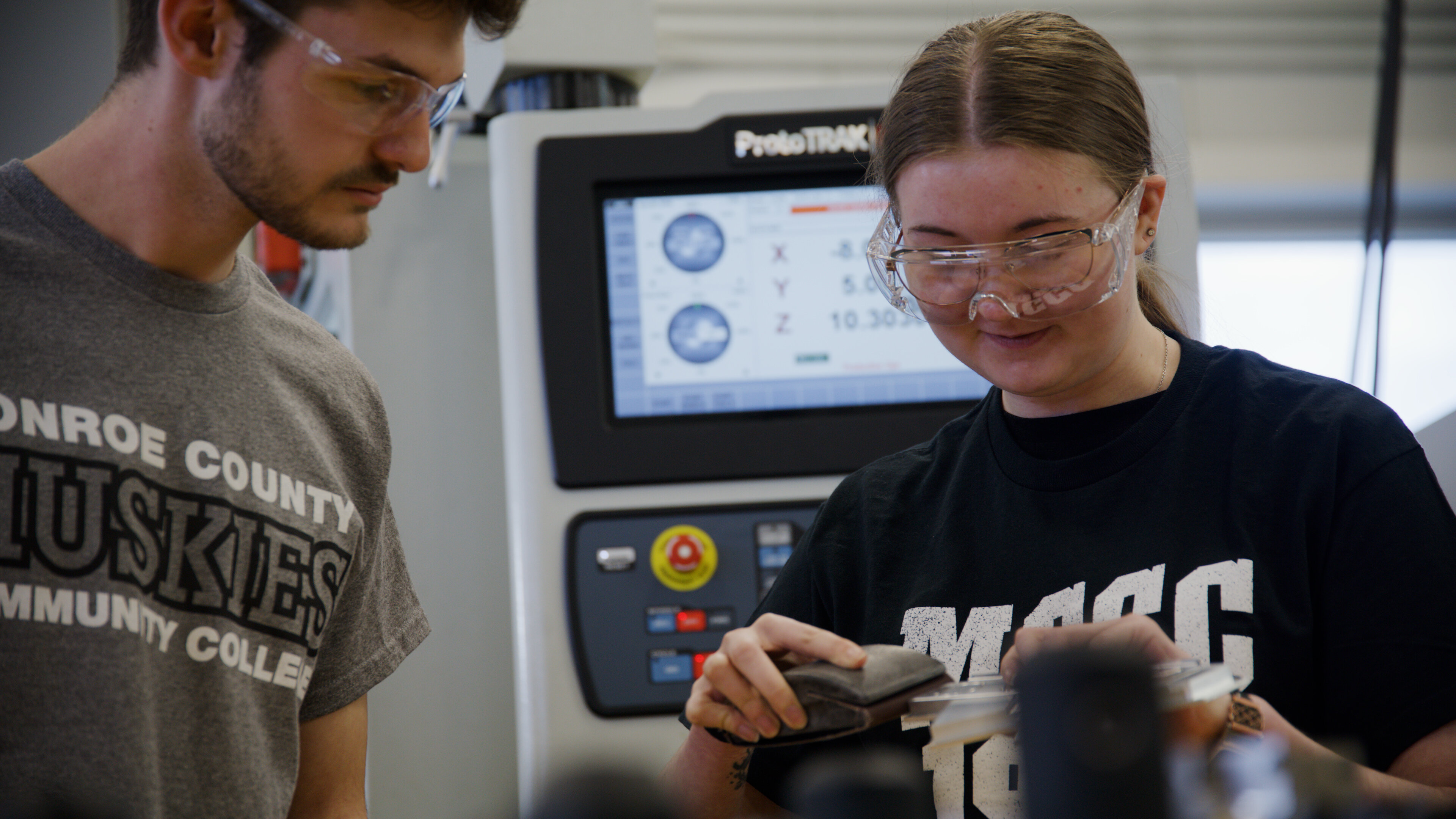 Anna Atherton in Manufacturing Lab with another student