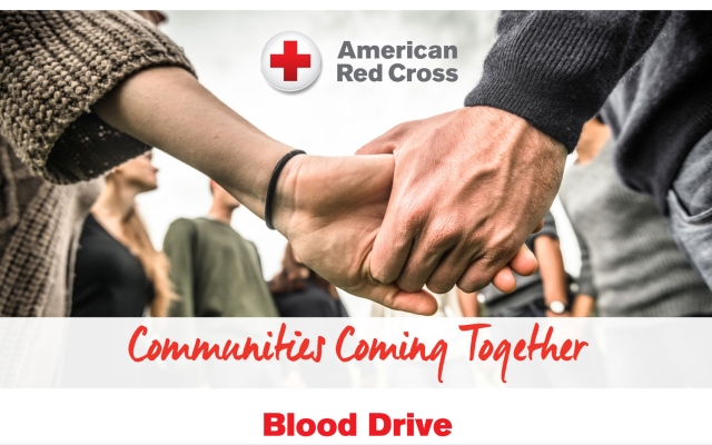 American Red Cross graphic of hand holding: Communities Coming Together, Blood Drive