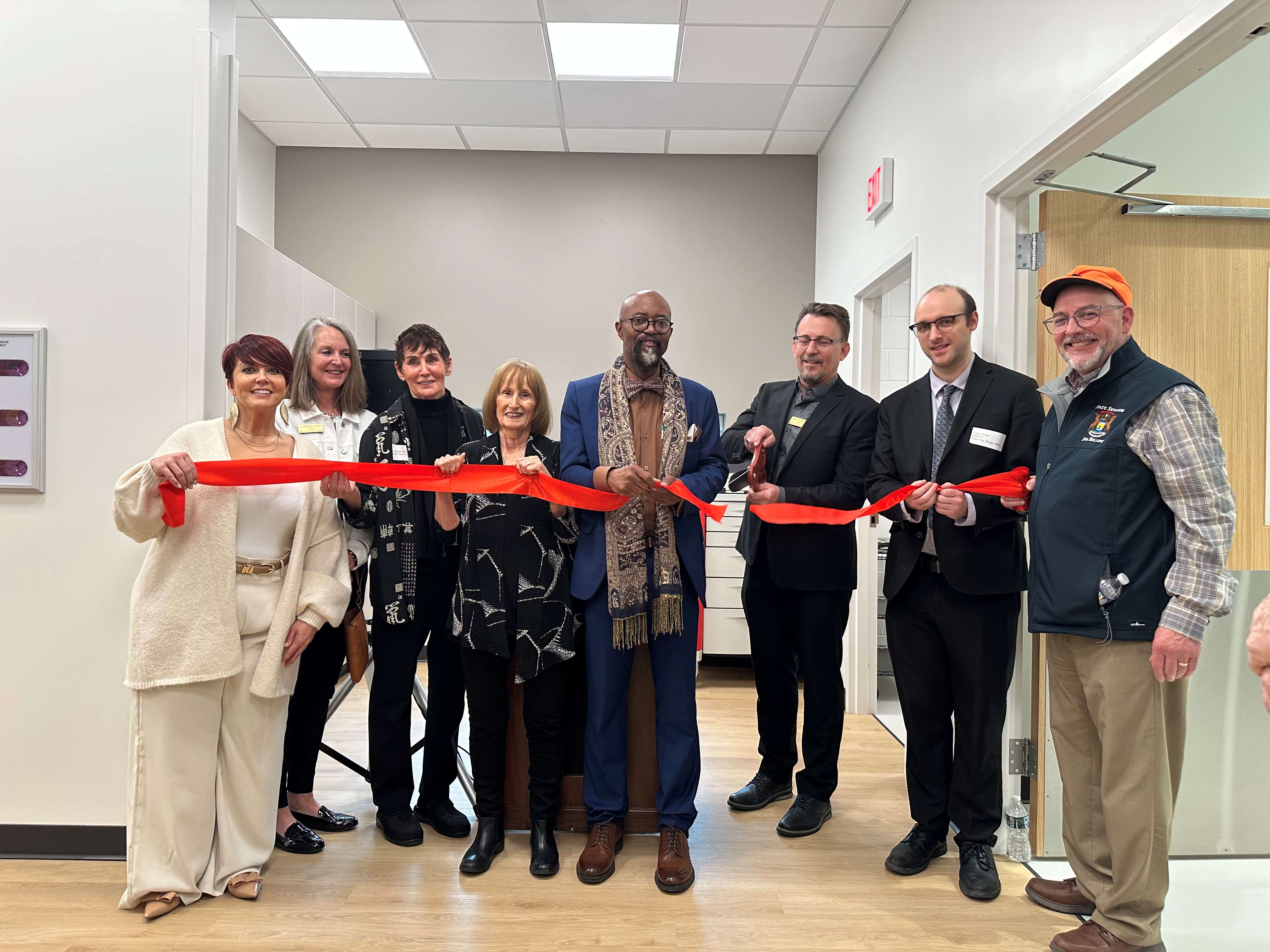 Official cut ribbon.  Ribbon cutting photo identification: From left, Monroe County Community College Board Secretary Nicole Goodman; Board Vice Chair Lynette M. Dowler; Dr. Joyce Haver, the widow of the late Gerald Welch, the college's second president and namesake of the facility where the Health Sciences Simulation Center is housed; Trustee Mary Kay Thayer; President Dr. Kojo A. Quartey; Board Chair Aaron N. Mason; Finley Arnett, representing State Rep. Reggie Miller, and State Sen. Joseph Bellino Jr.