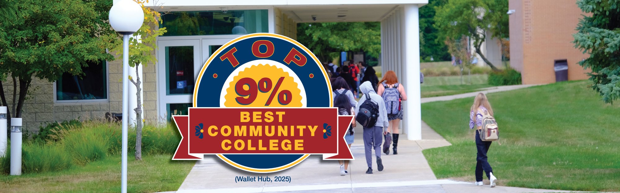 MCCC students in front of La-Z-Boy Center with Top 9 Percent Best Community College logo