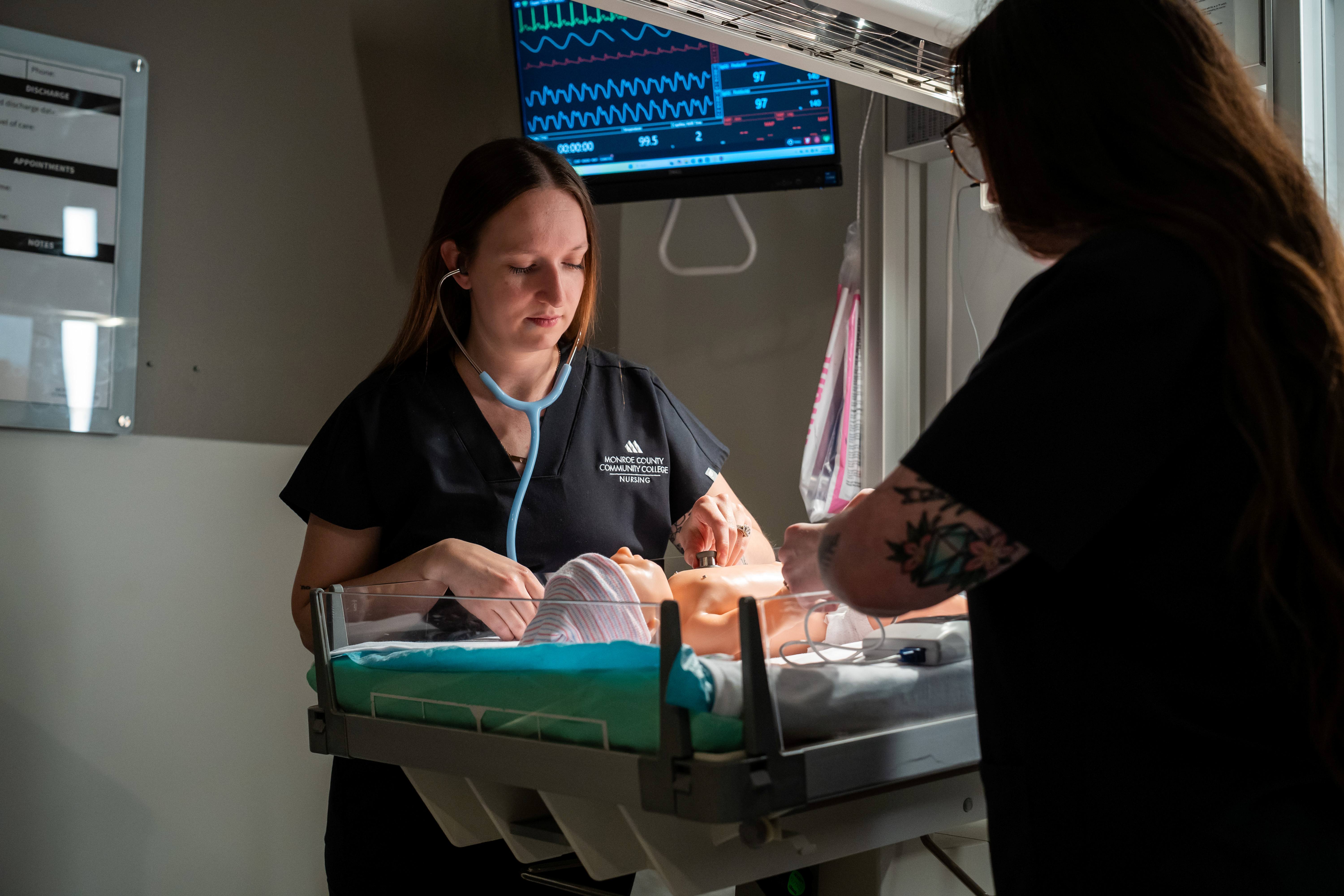 MCCC Nursing students practice skills in the college's new Health Sciences Simulation Lab.