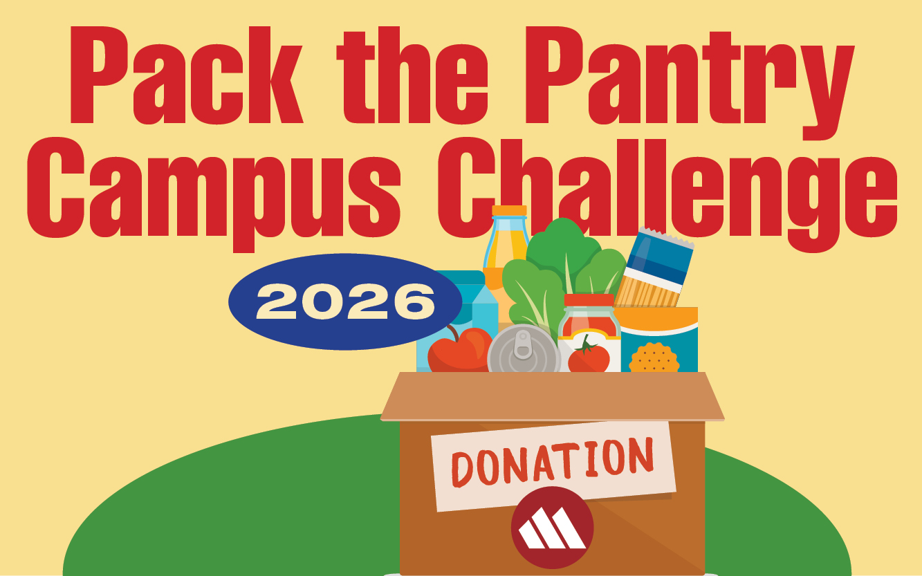 Pack the Pantry Campus Competition 2026 Box of Food with Donation written on front