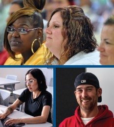 Photo collage: Students at an event, a student working in class, and a member of the student newspaper.