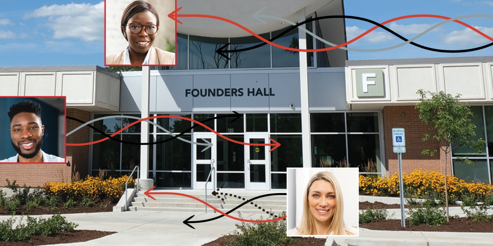 Founders Hall with numerous adult students overlayed on top