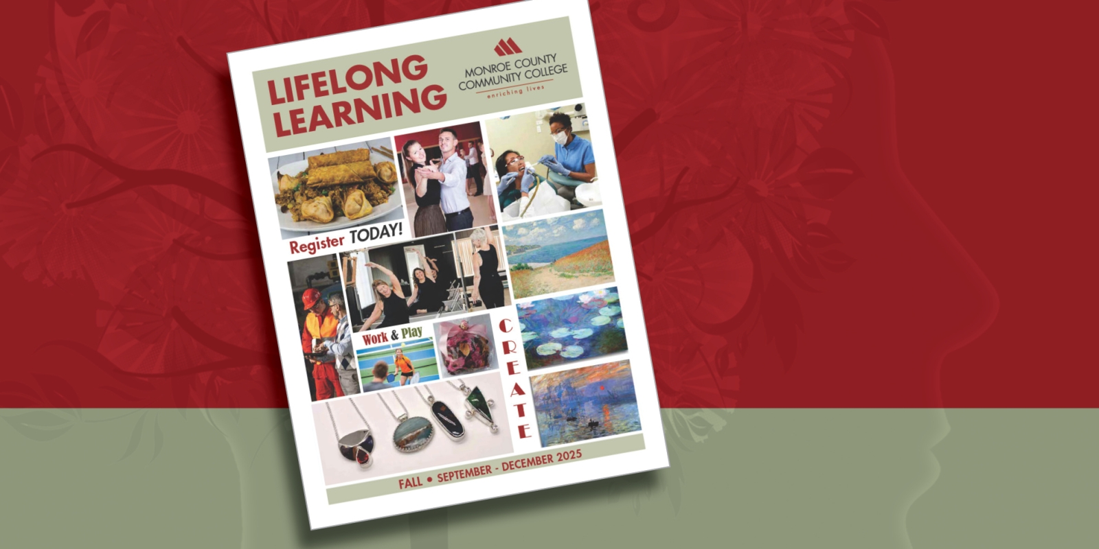 Image of the cover of the Fall Lifelong Learning schedule, which contains the words Register Today, Work and Play, and images of cooking, dancing, medical professions, art classes, yoga classes and a construction training session.
