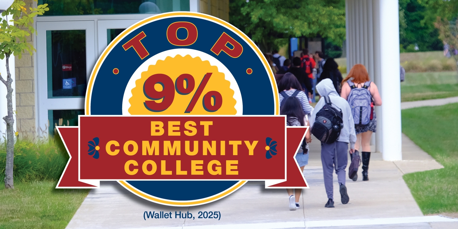 Image of students in front of La-Z-Boy Center with TOP 9% Best Community College logo