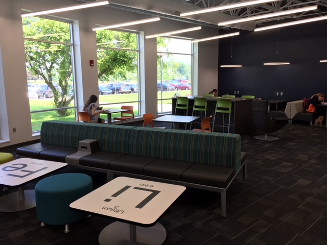 Life Sciences Building - Broad view of new student collaboration space, including "Periodic" tables