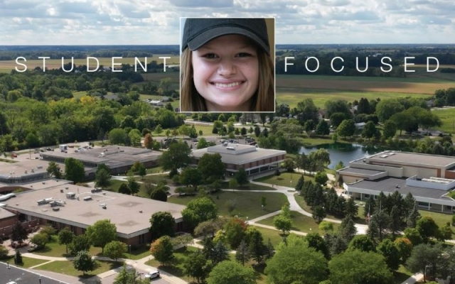 Annual Report Cover, "Student Focused," featuring an MCCC student centered on an aerial of the campus.